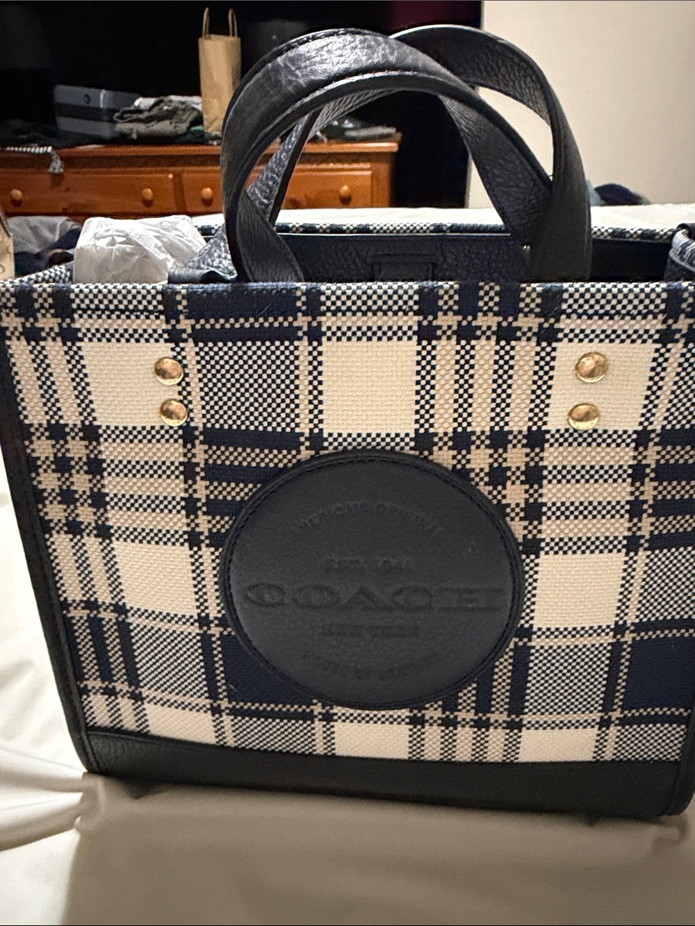 Coach Navy and Cream Plaid Leather-Trim Messenger Tote